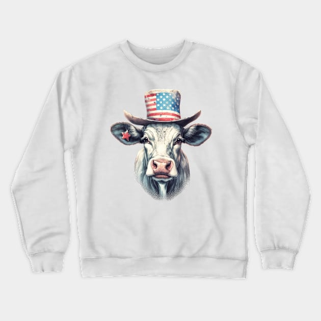 4th of July Cow Portrait Crewneck Sweatshirt by Chromatic Fusion Studio